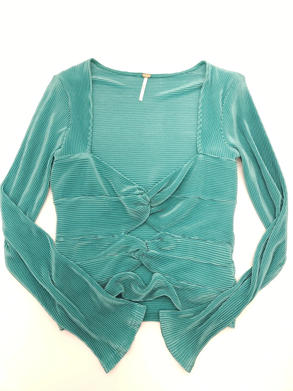 Free People Womens Medium Teal Pleated Twist Front Long Sleeve Crop Top Cutout